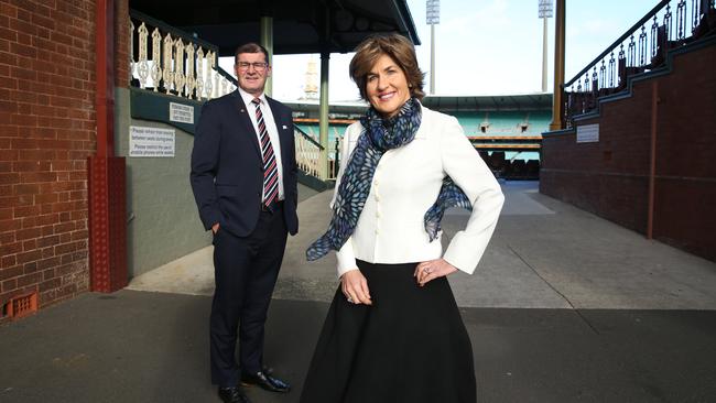 Suncorp chairman Christine McLoughlin with Sydney Roosters chief executive Joe Kelly, who are united in helping sportswomen. Picture: Britta Campion