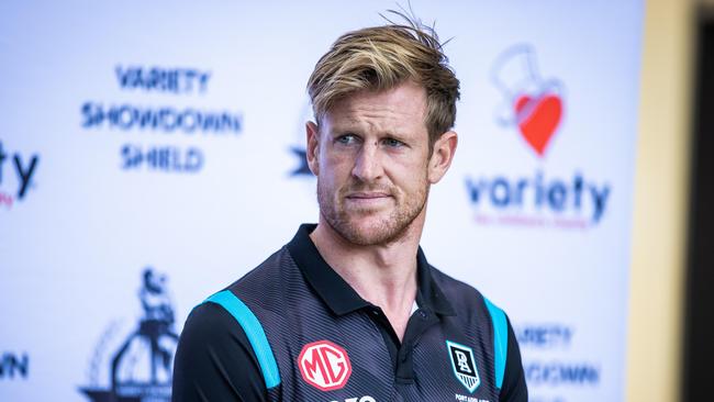 Port Adelaide captain Tom Jonas speaks to the media on Monday. Picture: Tom Huntley