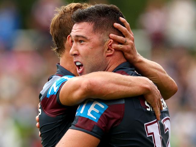 Curtis Sironen celebrates after scoring a try for the Sea Eagles. Picture: Gregg Porteous
