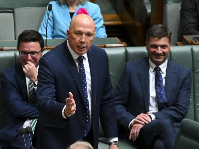 Australian Opposition Leader Peter Dutton reacts during House of Representatives Question Time at Parliament House in Canberra, Tuesday, September 6, 2022. (AAP Image/Lukas Coch) NO ARCHIVING