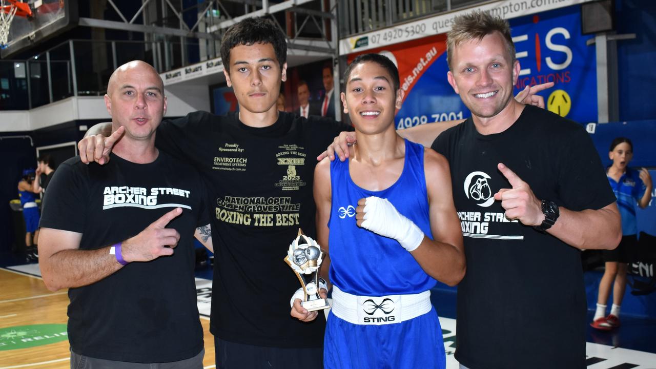 Archer Street Boxing's Terry Etherden, Izaya Rarasea, Dakia Rarasea and Brenton Doblo at the Reef 'n' Beef Fight Night, Bravus Arena, Rockhampton, on October 21, 2023.