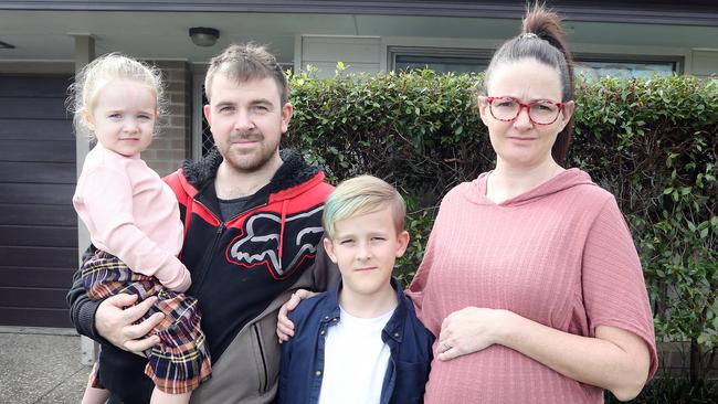 Tara Ferguson, Brodie Lehner and their children Cameron, 9, and Kayliegh, 3, have found a rental after fearing homelessness due to the Pivotal Homes collapse. Picture: Richard Gosling