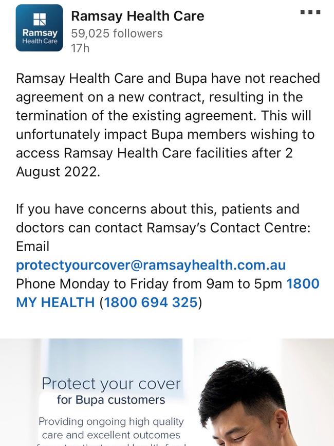 Ramsay Health Care's social media post stating that its terminated its agreement with Bupa.