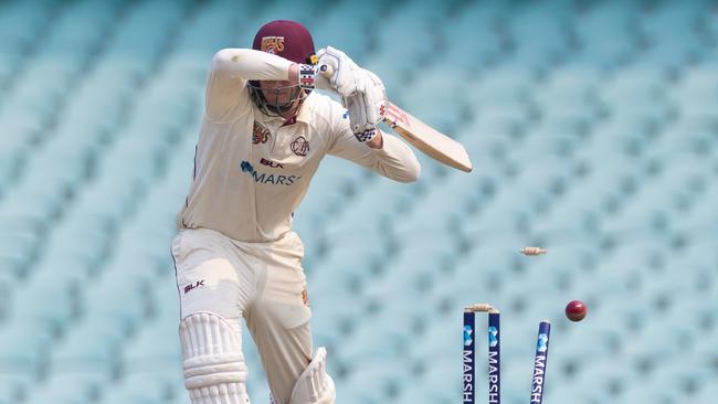 Liam Hatcher of the Blues bowls Matthew Renshaw. Picture: AAP