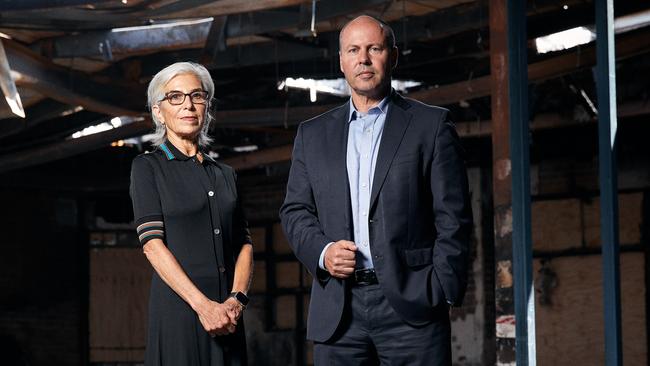 Elana Rubin and Josh Frydenberg in the burnt-out shell of the Adass Israel Synagogue in Melbourne on Friday. Picture: Louis Trerise