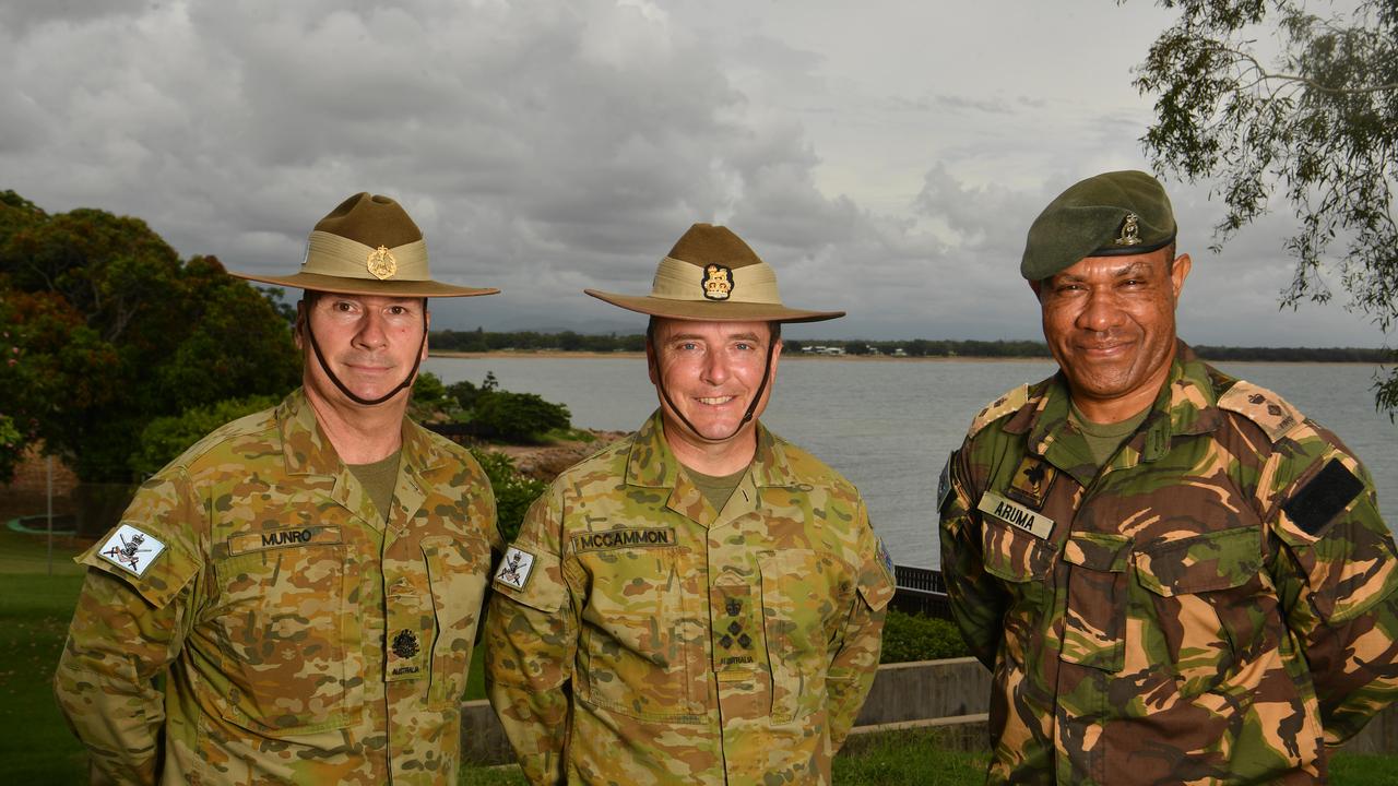 Commanding Officer 3rd Brigade Brigadier Dave McCammon (centre) with RSM Bob Moore and Deputy Commander Lieutenant Colonel Boniface Aruma. Picture: Evan Morgan