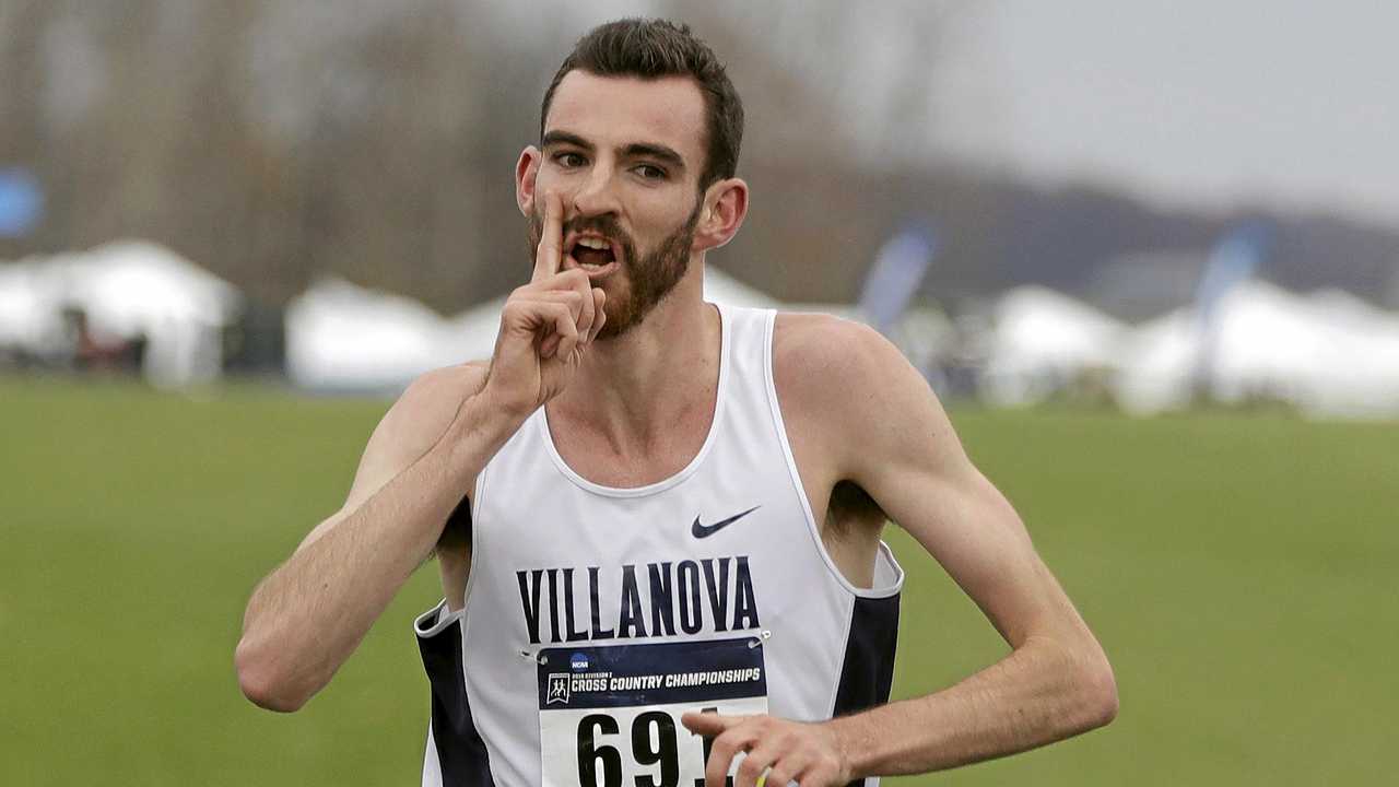 Villanova's Patrick Tiernan reacts as he approaches the finish line in the men's NCAA Division I Cross-Country Championships Saturday, Nov. 19, 2016, in Terre Haute, Ind. Tiernan won the race. (AP Photo/Darron Cummings). Picture: Darron Cummings