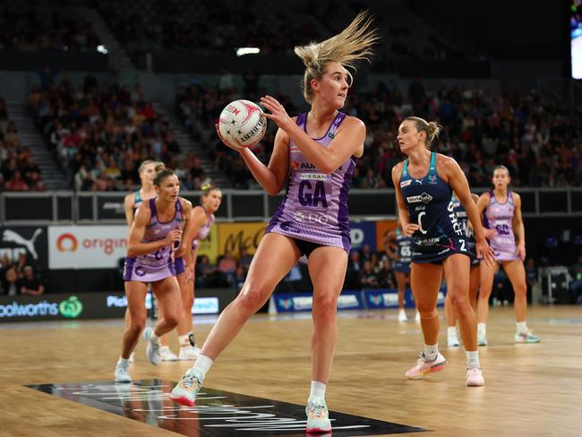 Mia Stower of the Firebirds in action during the round seven Super Netball match between Melbourne Vixens and Queensland Firebirds at John Cain Arena on April 29, 2023 in Melbourne, Australia. (Photo by Graham Denholm/Getty Images)