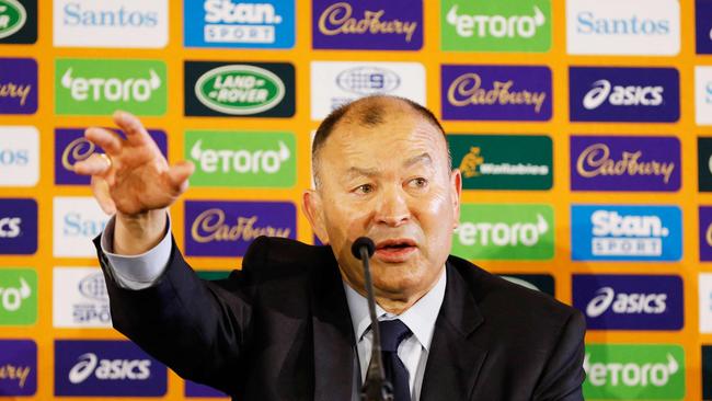 CORRECTION / In this handout photo taken on January 31, 2023 by Rugby Australia Karen Watson, Australian Eddie Jones addresses the press