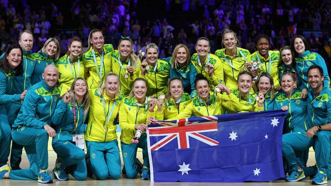 Gold Medallists Team Australia celebrate during the Netball Medal Ceremony on day ten of the Birmingham 2022 Commonwealth Games at NEC Arena on August 07, 2022 on the Birmingham, England. Picture: Stephen Pond/Getty Images