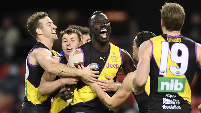 Mabior Chol shared the disgusting racist message he was sent on Instagram. Picture: Albert Perez / AFL Photos via Getty Images