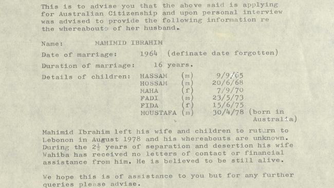 Wahiba Ibrahim’s letter to the Immigration Department on December 8 1980 where she explains the whereabouts of her husband are unknown but “believed to be still alive”.