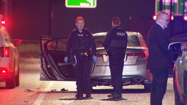 Police at the scene at South road overpass, Wingfield, where a women stabbed two children overnight. Picture: 7NEWS