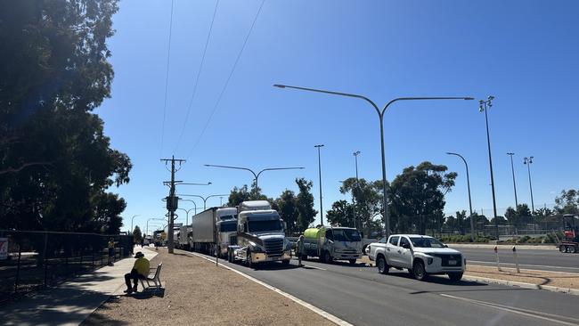 Trucks and tractors gathered for the Shepparton water buyback protest on November 27, 2023.