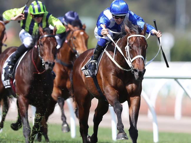 Winx hits the overdrive button at Flemington last year. Picture: Alex Coppel