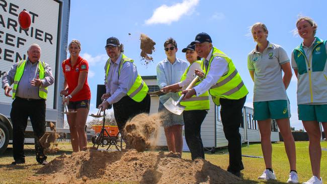 (From left) Terry Doolan, Lauren Bella, Dawson MP George Christensen, Rory Mulherin, Mackay MP Julieanne Gilbert, Mackay Mayor Greg Williamson, Meg Lanning and Beth Mooney at the official sod-turning event for Mackay's Great Barrier Reef Arena, Mackay, September 27, 2021. Picture: Contributed