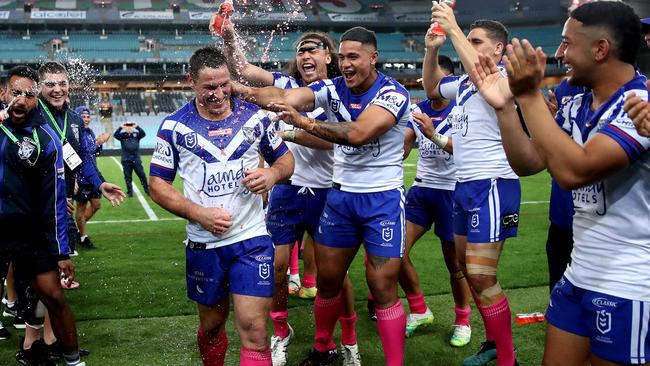 Josh Jackson is congratulated on his 200th game. Jackson has announced his retirement from rugby league. Picture: Phil Hillyard