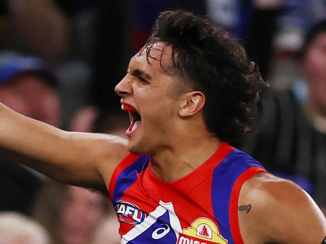 MELBOURNE, AUSTRALIA - August 4, 2023. AFL .        Bulldog Jamarra Ugle-Hagan celebrates the 2nd of his 1st quarter goals during the round 21 match between the Western Bulldogs and Richmond at Marvel Stadium in Melbourne.   Photo by Michael Klein.