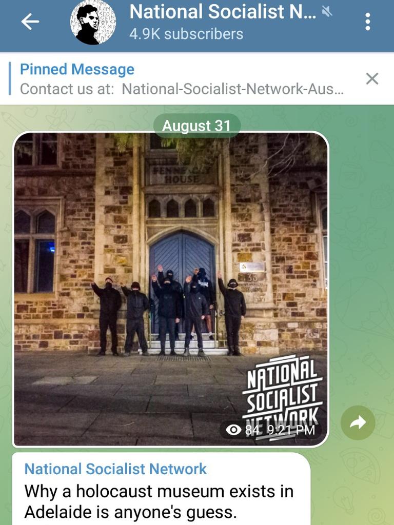 A picture circulating on Telegram shows the men in front of the Adelaide Holocaust Museum.