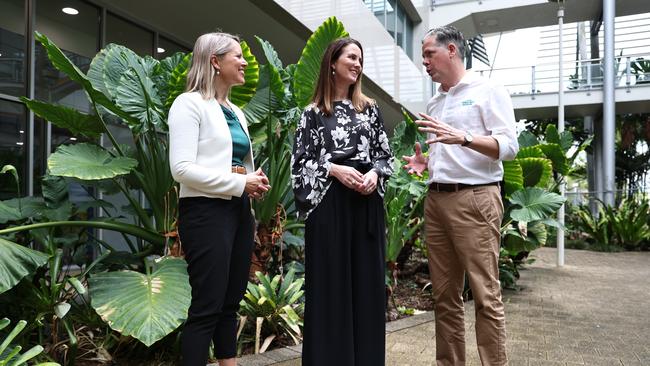 Barron River MP Bree James, Cairns Mayor Amy Eden and TTNQ chief executive Mark Olsen welcome news of the city securing a lucrative business event involving 2700 delegates. Picture: Arun Singh Mann