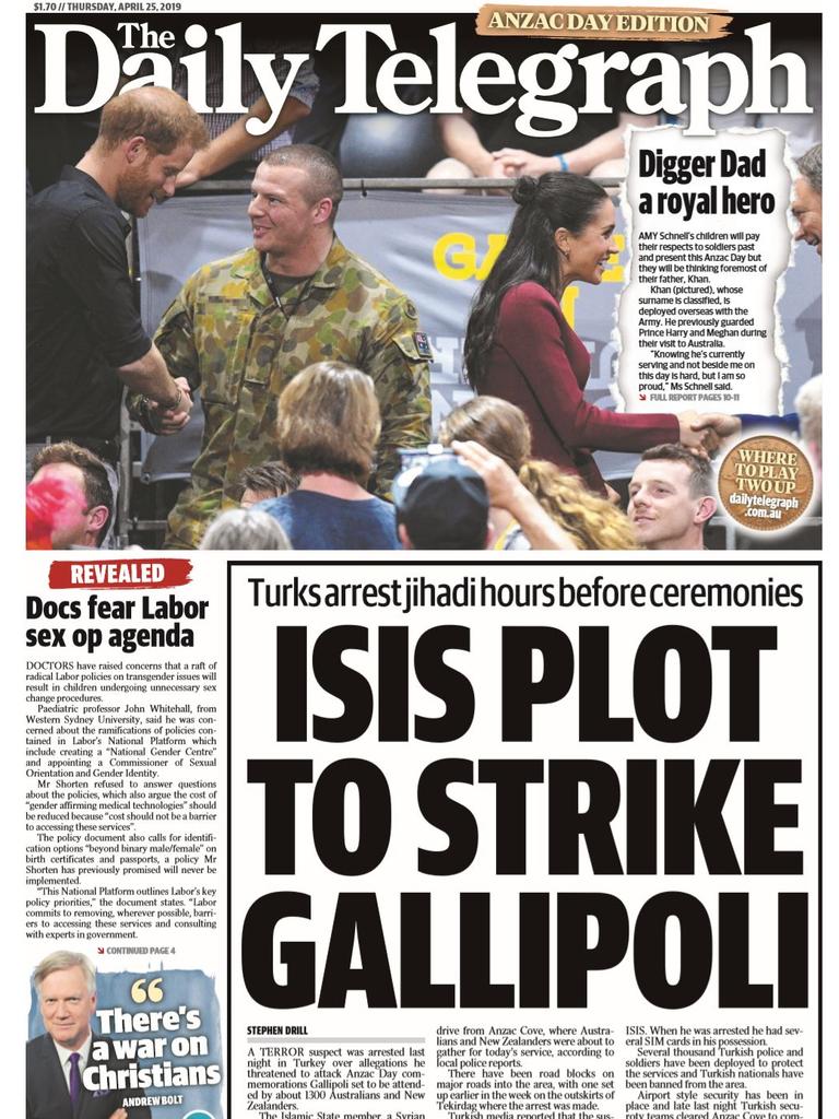 Daily Telegraph front page for April 25