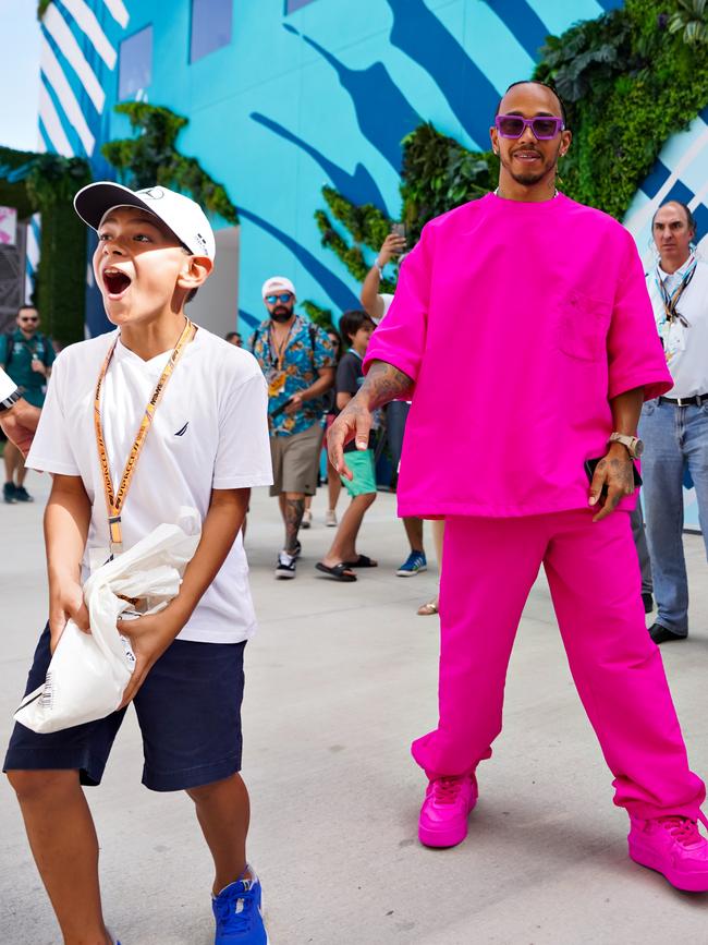 Lewis Hamilton talks with fans in the Paddock during the Miami Grand Prix. Picture: Alex Bierens de Haan/Getty Images