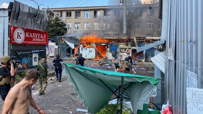 Multiple stores, including pharmacies, were left partly or severely damaged from the suspected missile strike. Picture: Andriy Reznikov/Suspilne Ukraine/JSC "UA:PBC"/Global Images Ukraine via Getty