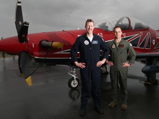 Air Force Roulette pilot Ben Hepwooth and Hawk 127 lead-in fighter pilot Mathew Schmidt at the Hobart Airport ahead of the Battle of Britain commemoration. Picture: Nikki Davis-Jones