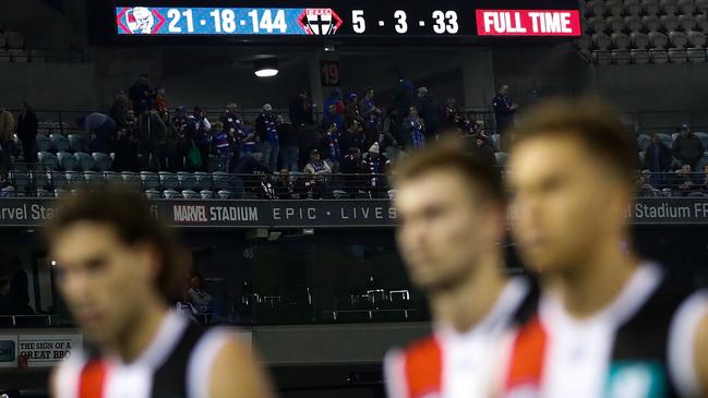 MELBOURNE, AUSTRALIA - MAY 22: The final scoreboard is seen as the Saints leave the field during the 2021 AFL Round 10 match between the Western Bulldogs and the St Kilda Saints at Marvel Stadium on May 22, 2021 in Melbourne, Australia. (Photo by Michael Willson/AFL Photos via Getty Images)