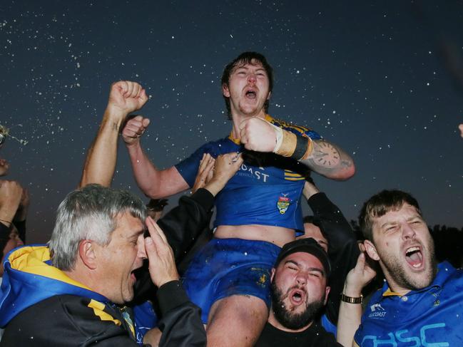 Jake Fitzpatrick celebrates Central Coast Rugby League First Grade Grand Final Hawks win over Erina Woy Woy Oval Sunday 20th August 2023.pic Sue Graham