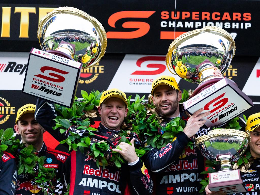 Will Brown and Scott Pye celebrate winning the Sandown 500. Getty Images