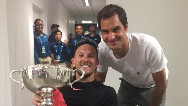 Dylan Alcott with Roger Federer after winning the 2018 Australian Open singles title. Picture: Instagram