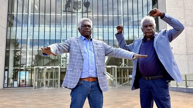 Djawa Yunupingu and Mr B Yunupingu outside the High Court in Canberra on March 12. Picture: James Morgan