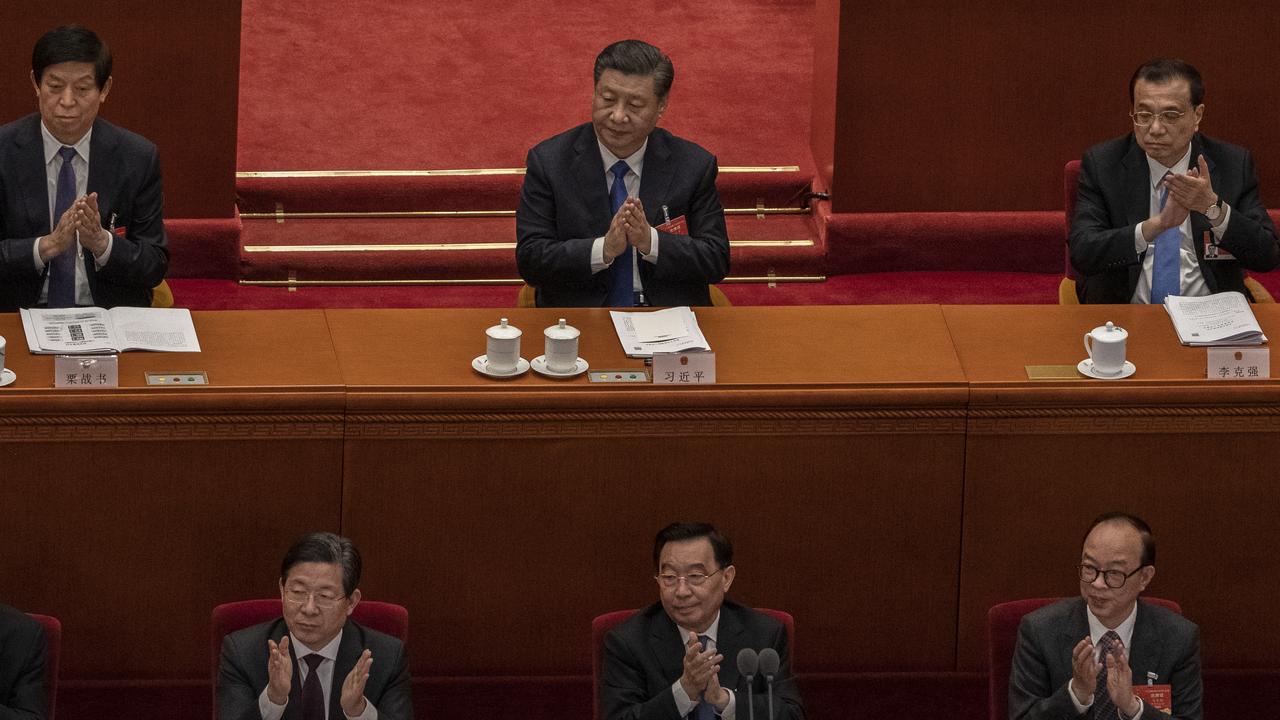 Chinese President Xi Jinping, top centre, during a speech at the second plenary session of the National People's Congress at the Great Hall of the People on March 8, 2021 in Beijing. Picture: Kevin Frayer/Getty Images.