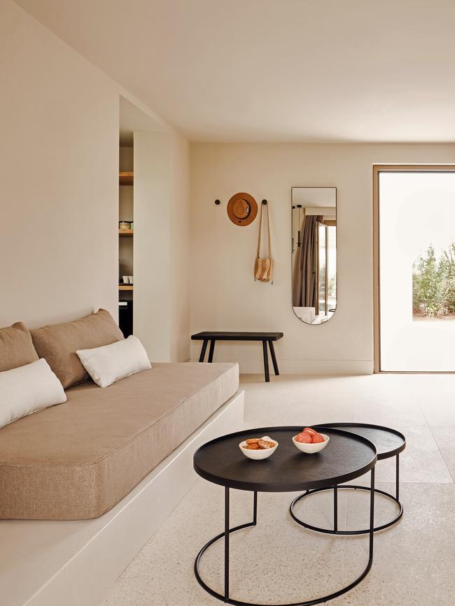 A modern, minimalist interior at Nous, Santorini.