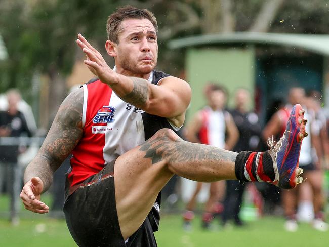 St Kilda v Port Melbourne Colts at Peanut Farm Reserve, St Kilda, Melbourne, April 15th 2023. St KildaÃs Aaron Edwards. Picture : George Sal