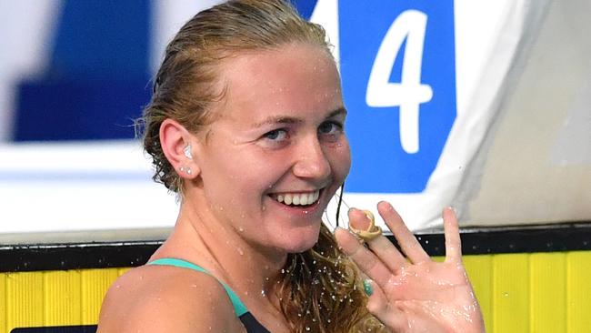 Ariarne Titmus celebrates after the 400m freestyle.