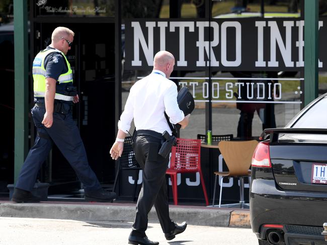 Police at Nitro Ink tattoo parlour in Hampton Park, where the shooting took place. Picture: AAP