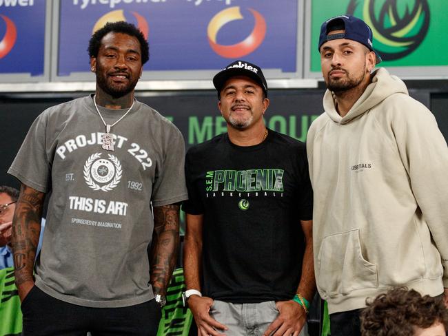 South East Melbourne Phoenix owner Romie Chaudhari (centre) with former NBA point guard John Wall and Australian tennis star Nick Kyrgios, both of whom are minority Phoenix owners. Credit Phoenix Media