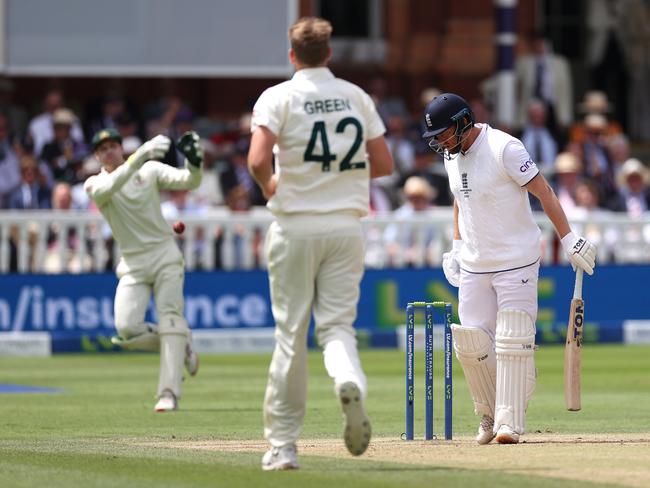 Alex Carey throws the ball towards the stumps to stump Jonny Bairstow. Picture: Getty Images