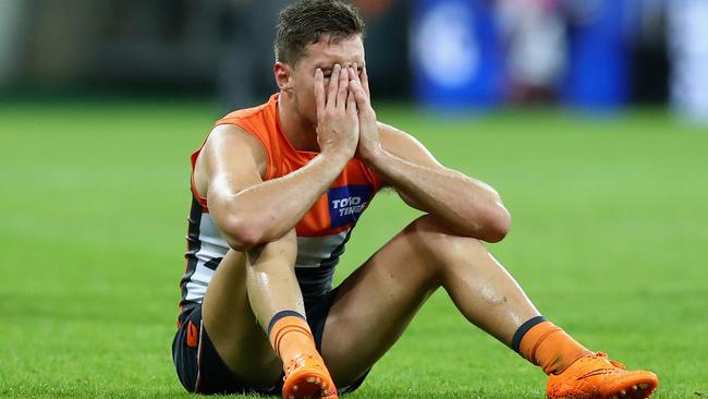 Josh Kelly can’t look after the final siren, ending the Giants’ season. Picture: Getty