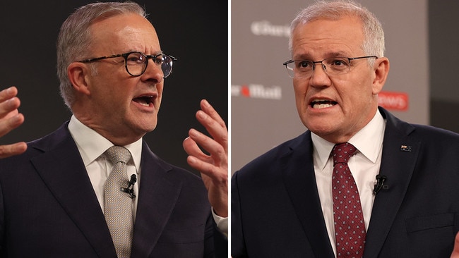 Anthony Albanese and Scott Morrison during week two of the 2022 election campaign. Picture: Jason Edwards/Toby Zerma