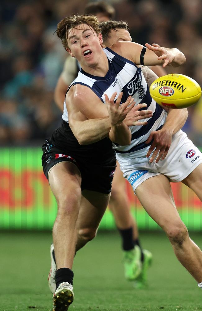 Tanner Bruhn went down with a shoulder injury. Picture: Sarah Reed/AFL Photos via Getty Images