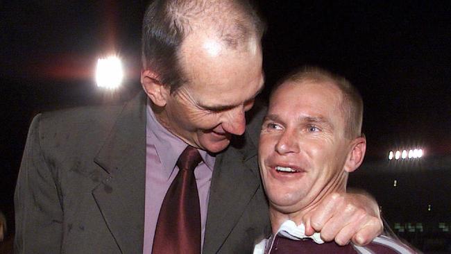 Coach Wayne Bennett embraces Allan Langer after Queensland defeated NSW following Game 3 in 2001.