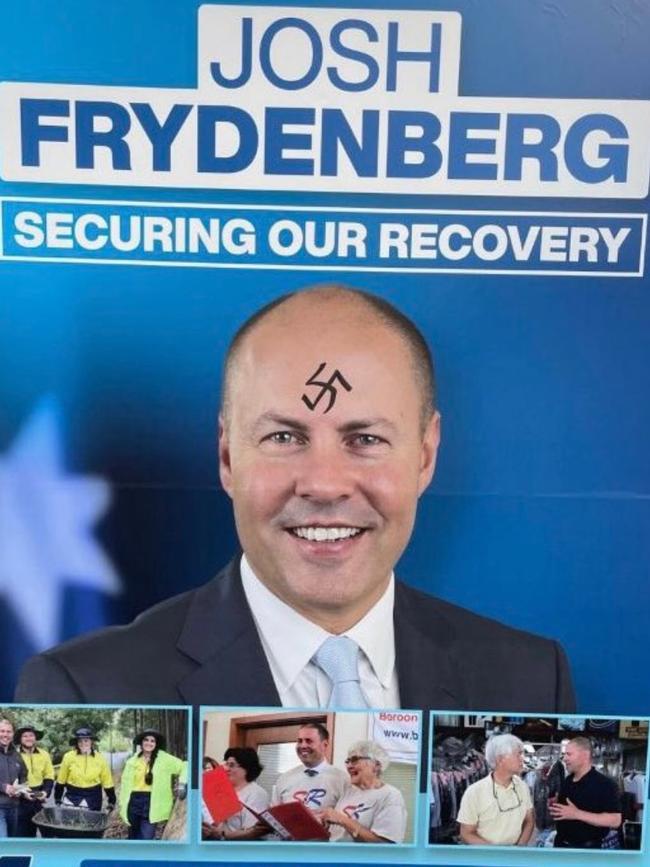 Election campaign posters of Treasurer Josh Frydenberg were defaced with swastikas. Picture: Supplied