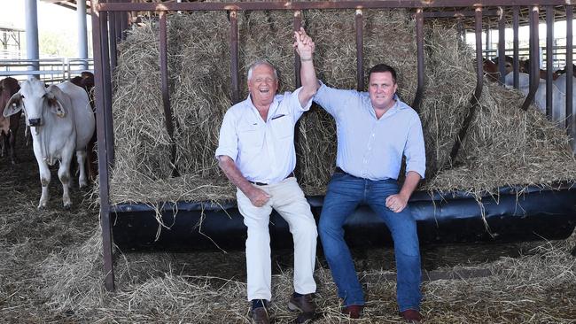 Father and son Colin and Hamish Brett at the Berrimah Farm Export feedlot, following the historic Federal Court ruling. Brett Cattle Company was the lead litigant in the class action against the 2011 live cattle export ban. Picture Katrina Bridgeford.