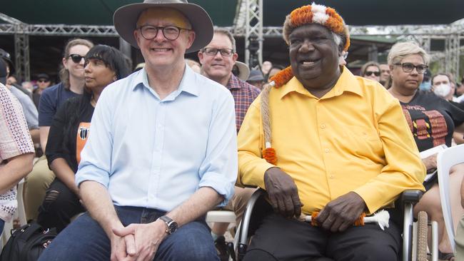 Prime Minister Anthony Albanese with Yothu Yindi Foundation Chair Galarrwuy Yunupingu the Garma Festival. Picture: AAP Image/Aaron Bunch