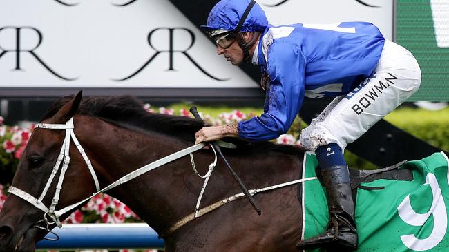 Winx ridden by Hugh Bowman wining her 15th straight race the TAB Chipping Norton Stakes at Royal Randwick. Picture: Jonathan Ng