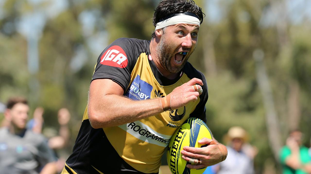 Jeremy Thrush of the Force runs in for a try during the NRC final in Perth.