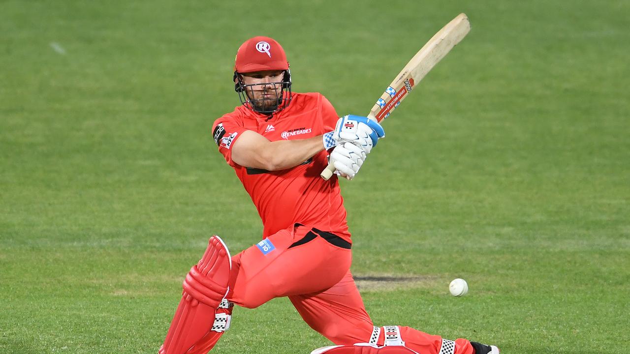 HOBART, AUSTRALIA - DECEMBER 12: Aaron Finch of the Renegades bats during the Big Bash League match between the Melbourne Renegades and Perth Scorchers at Blundstone Arena, on December 12, 2020, in Hobart, Australia. (Photo by Steve Bell/Getty Images)